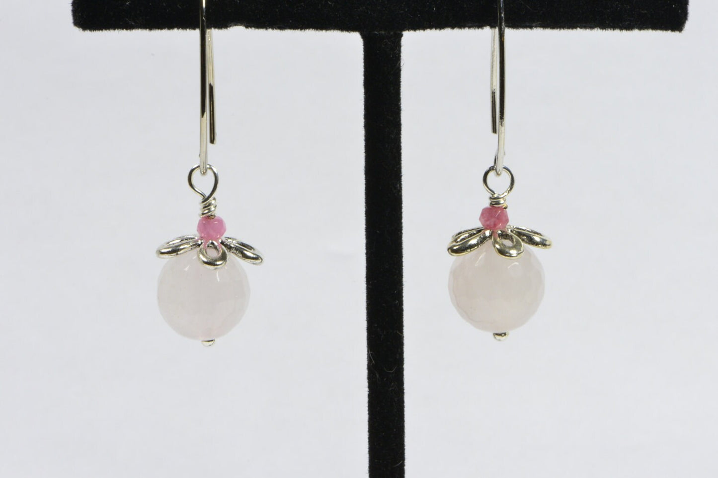 Handmade Rose Quartz Dangle Earrings, Silver Half Hoop