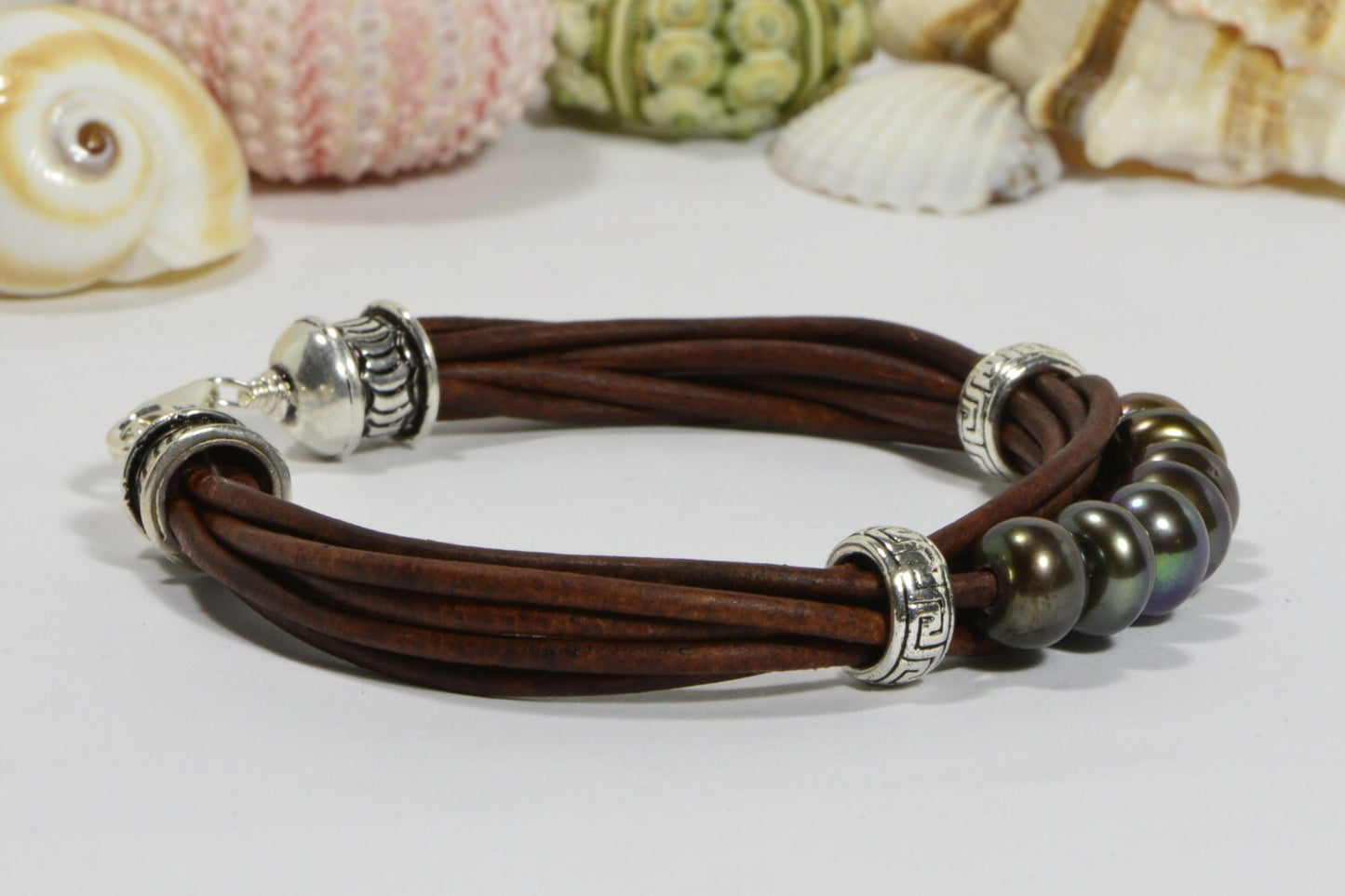 Black Pearl Leather Bracelet: Sterling Silver Boho Bangle
