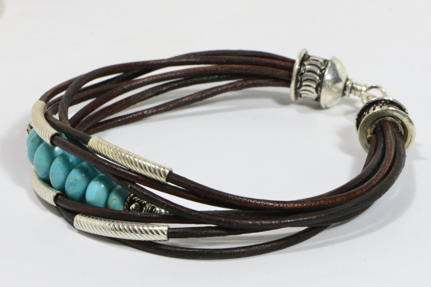 Nevada Blue Turquoise Leather Bracelet, Sterling Silver Boho Bangle