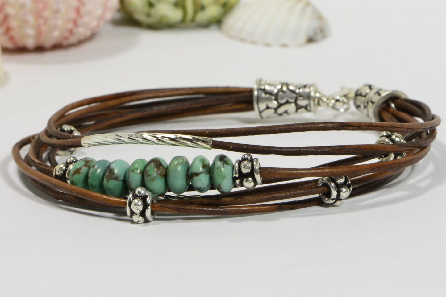 Nevada Turquoise Leather Bracelet, Sterling Silver Boho Bangle