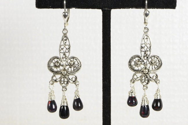 Black Opal Sterling Silver Filigree Chandelier Earrings