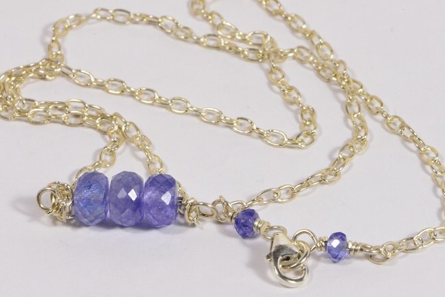 Three Stone Tanzanite Necklace, Sterling Silver Bar Pendant