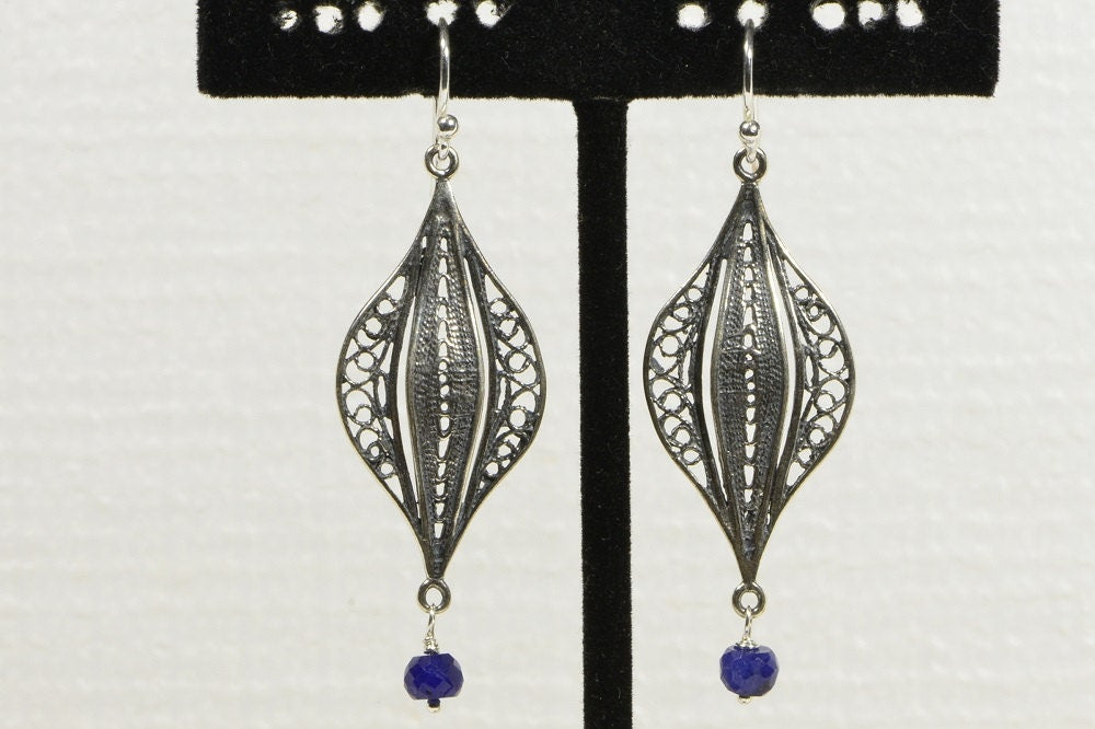 Handmade Sapphire Earrings: Sterling Silver Filigree Chandelier