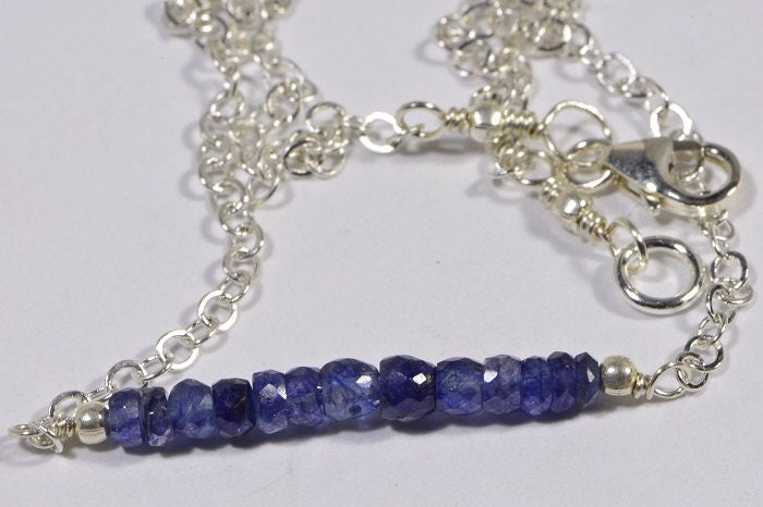 Blue Sapphire Bar Necklace, Raw Sterling Silver, September Birthstone