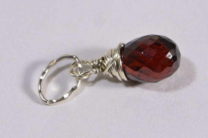 Sterling Silver Wire Wrapped Garnet Pendant, Teardrop Briolette Charm