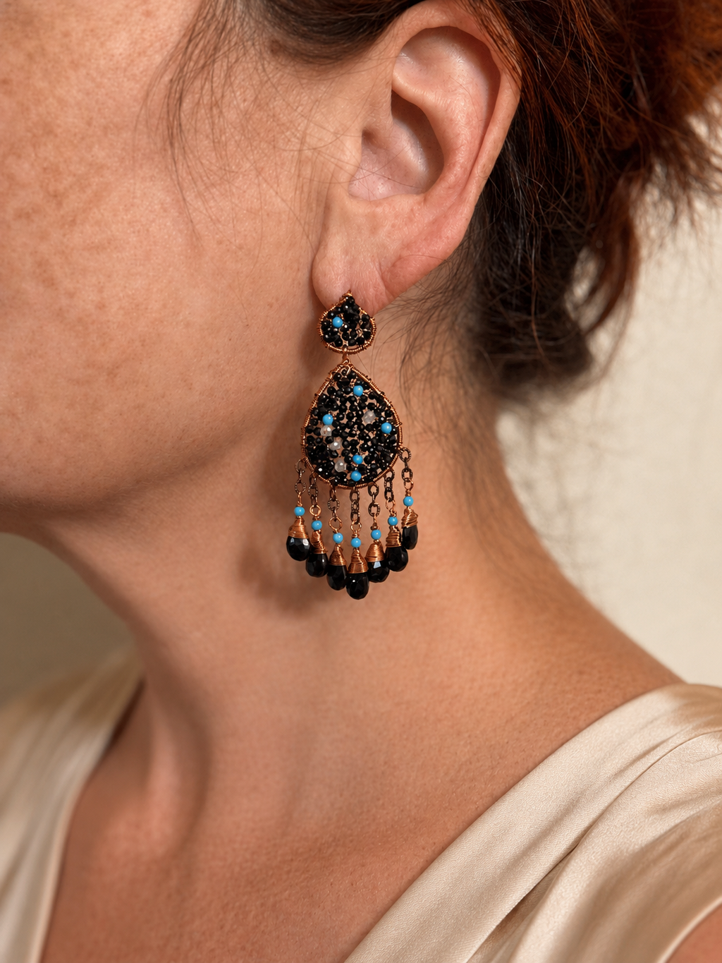 Black Tourmaline Teardrop Earrings: Copper Wire Wrapped, Turquoise & Crystal