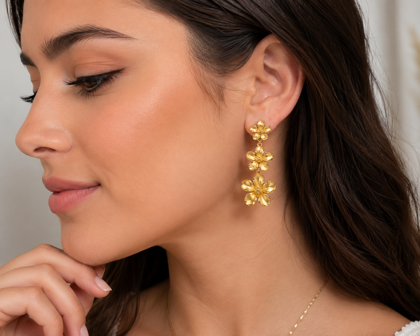 14K Yellow Gold Plumeria Flower Earrings, Graduated Floral Posts