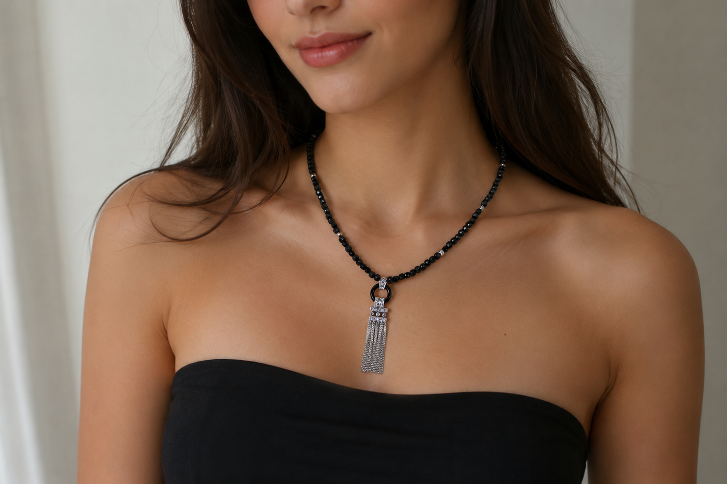 Black Tourmaline Tassel Necklace, Faceted Black Bead Necklace, Silver Tassel Pendant, Statement Necklace, Boho Chic Jewelry, Gift for Her