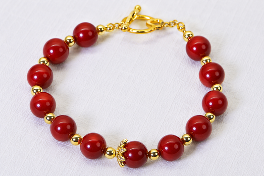 Natural Red Coral Bracelet, Genuine Coral Jewelry, Gold Beaded Bracelet Toggle Clasp Bracelet, Handmade Gift for Women