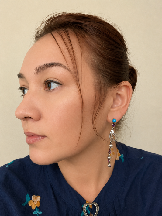 Turquoise Pearl Amethyst Earrings, Long Dangle Statement Earrings, Boho Multistone Cluster Earrings, Sterling Silver Artisan Jewelry Gift for Her