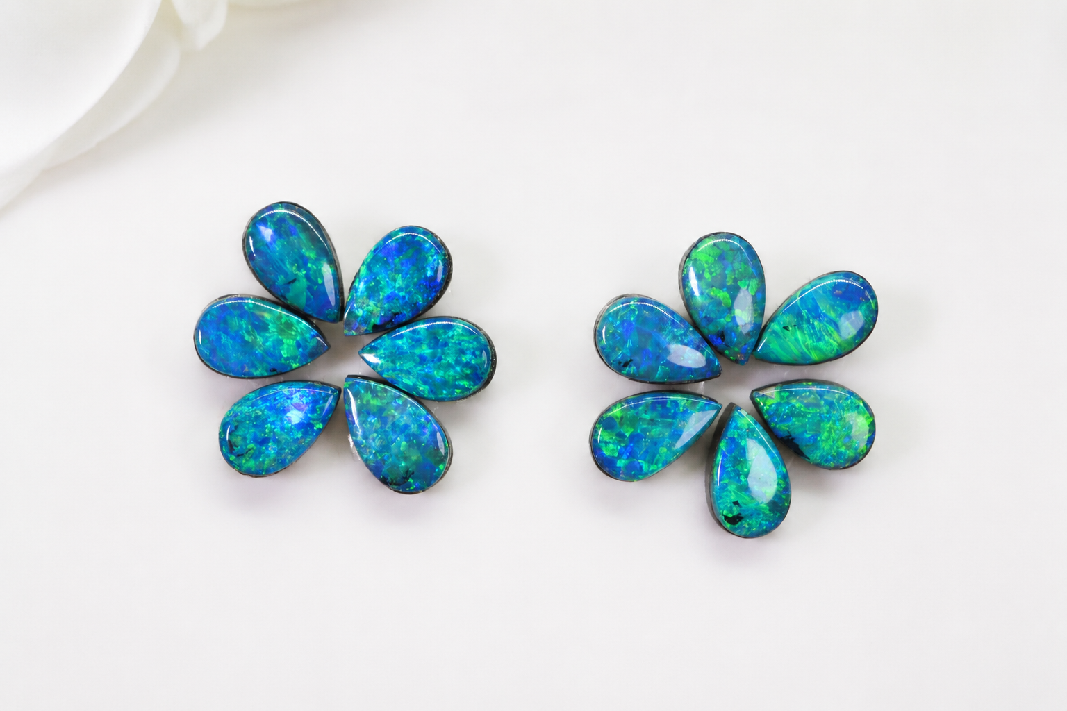 Australian Black Opal Pear Cabochons: Blue Green Metallic Doublet, 5x3 mm, 12 pc Set
