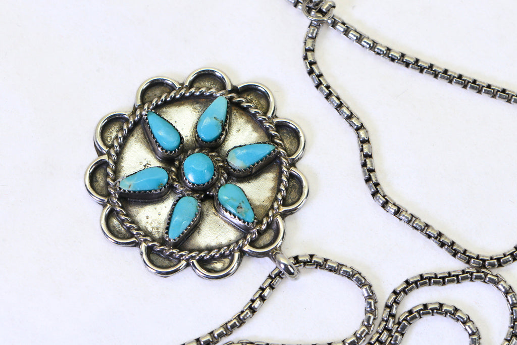 Vintage Turquoise Flower Pendant Necklace, Sterling Silver Turquoise Necklace, Southwestern Jewelry, Native American Style Pendant, Gift for Her