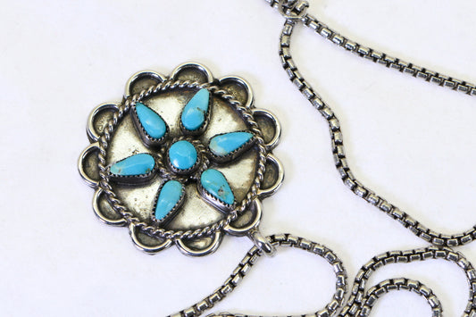 Vintage Turquoise Flower Pendant Necklace, Sterling Silver Turquoise Necklace, Southwestern Jewelry, Native American Style Pendant, Gift for Her