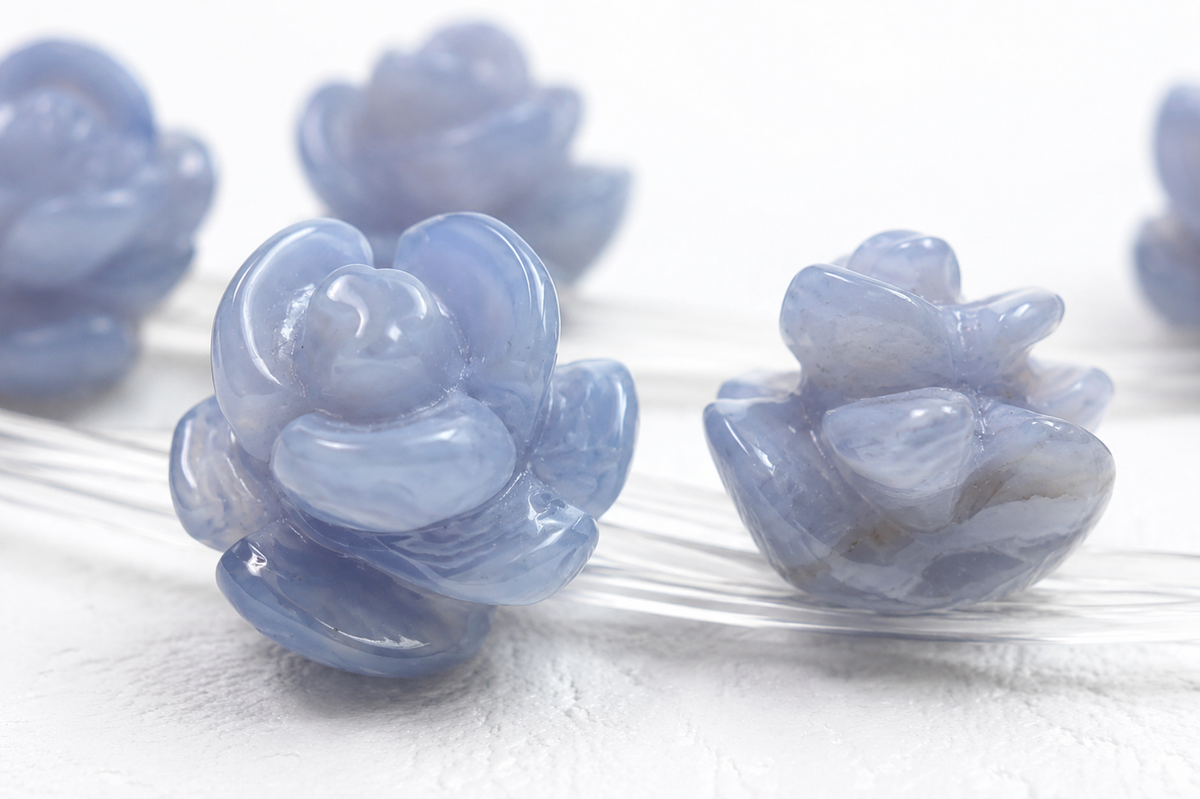 Blue Lace Agate Carved Rose Beads: Natural Gemstone, 8mm (2 Beads)