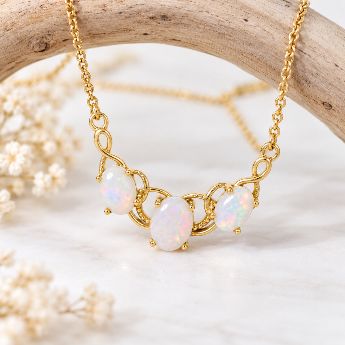 Australian Opal White Oval Three stone 24K Gold Vermeil Sterling Silver