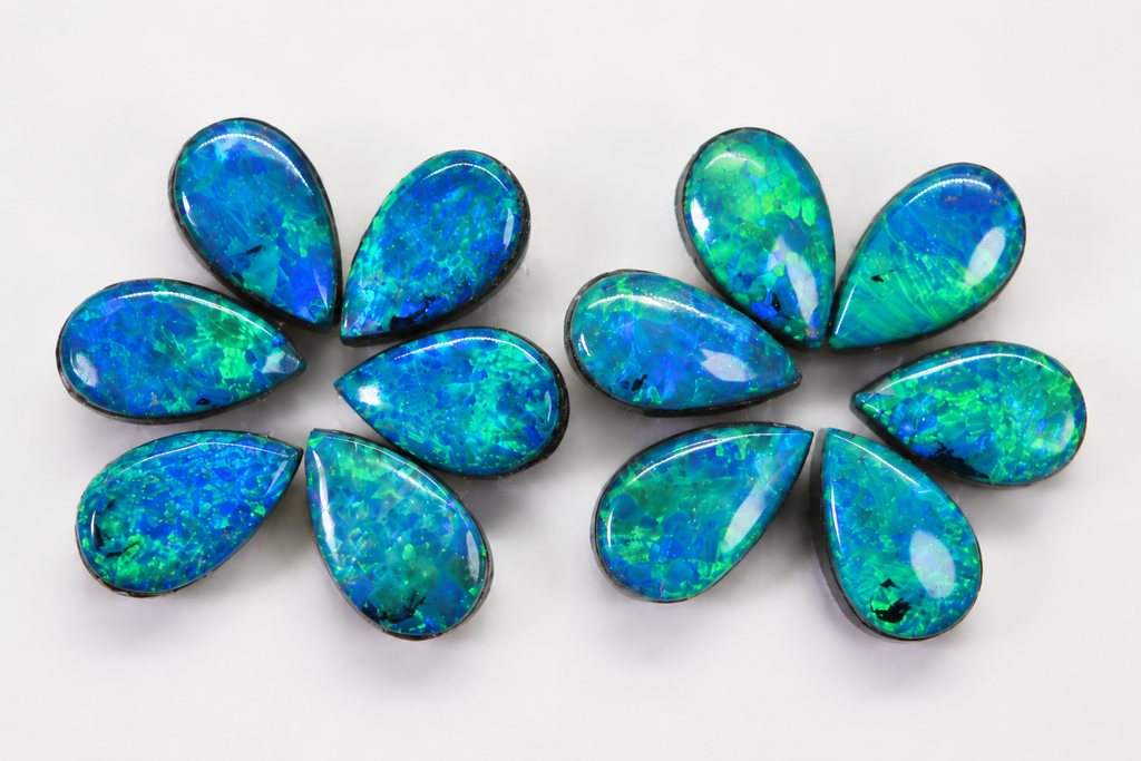 Australian Black Opal Pear Cabochons: Blue Green Metallic Doublet, 5x3 mm, 12 pc Set