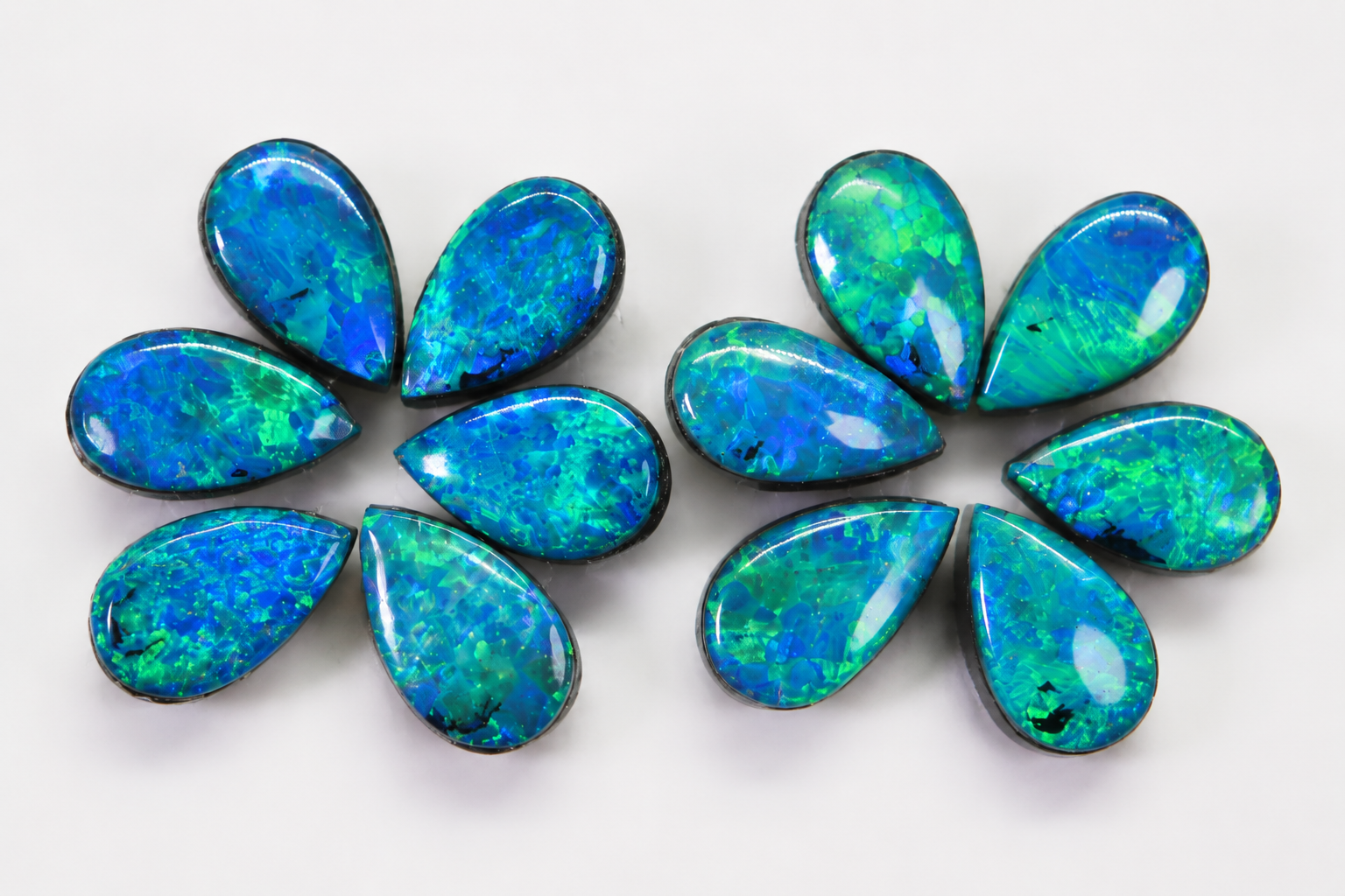 Australian Black Opal Pear Cabochons: Blue Green Metallic Doublet, 5x3 mm, 12 pc Set