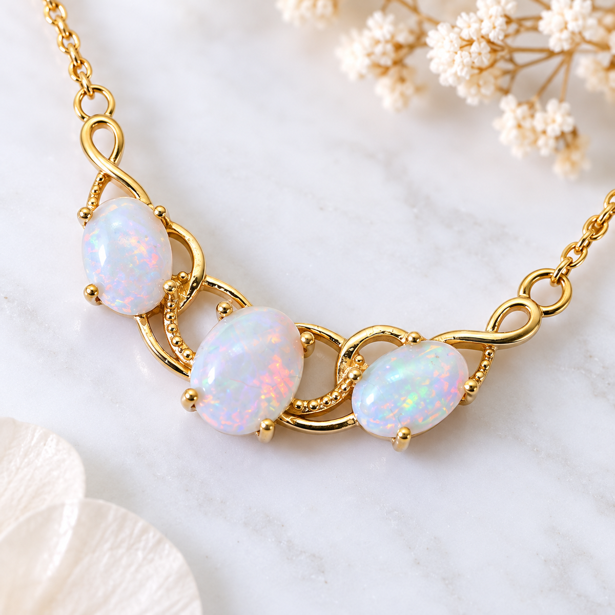Australian Opal White Oval Three stone 24K Gold Vermeil Sterling Silver