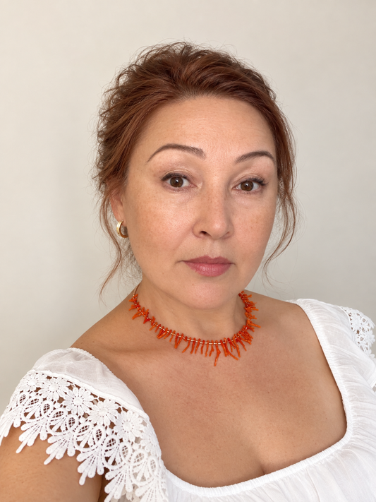 Natural Mediterranean Coral Necklace, Red Orange Coral Branch Necklace, 14K Gold Filled Jewelry, 17 Inch Handmade Necklace