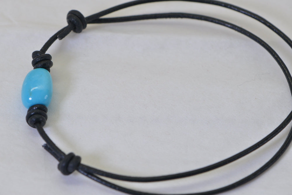 Sleeping Beauty Turquoise Necklace: Raw Stone Hand Cutting Barrel, Leather Cord Choise