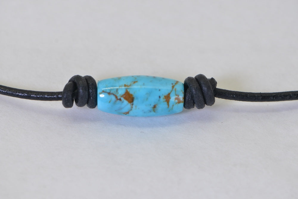 Sleeping Beauty Turquoise Necklace: Raw Stone Hand Cutting Barrel, Leather Cord Choise