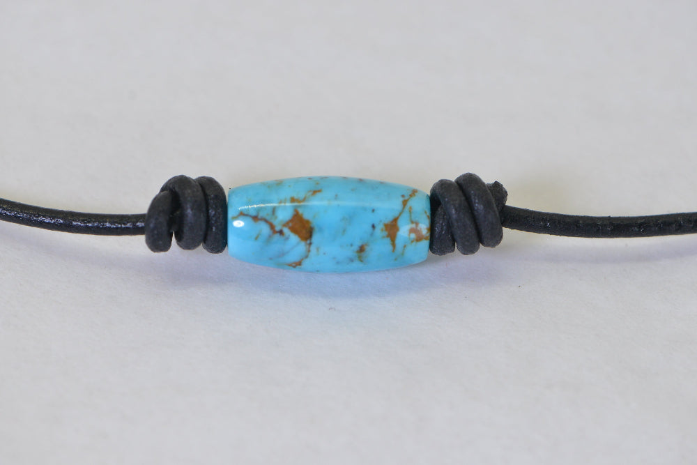 Sleeping Beauty Turquoise Necklace: Raw Stone Hand Cutting Barrel, Leather Cord Choise