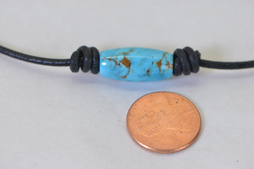 Sleeping Beauty Turquoise Necklace: Raw Stone Hand Cutting Barrel, Leather Cord Choise