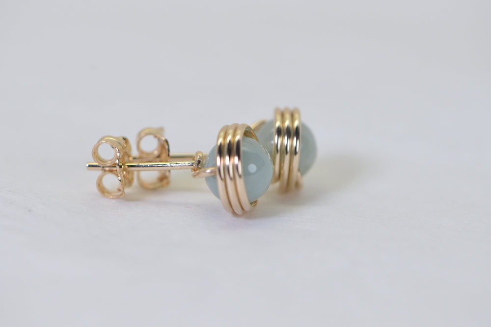Jade Ice Green Wire Wrapped 14K Gold Petite Stud Earrings