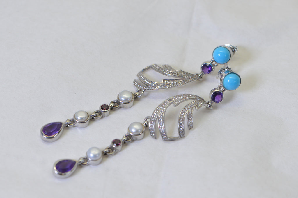 Turquoise Pearl Amethyst Earrings, Long Dangle Statement Earrings, Boho Multistone Cluster Earrings, Sterling Silver Artisan Jewelry Gift for Her