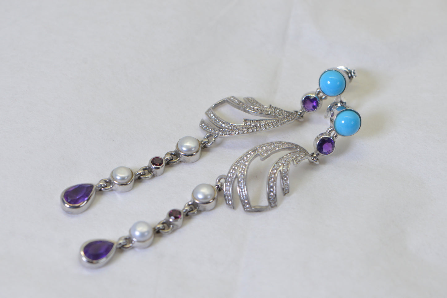 Turquoise Pearl Amethyst Earrings, Long Dangle Statement Earrings, Boho Multistone Cluster Earrings, Sterling Silver Artisan Jewelry Gift for Her