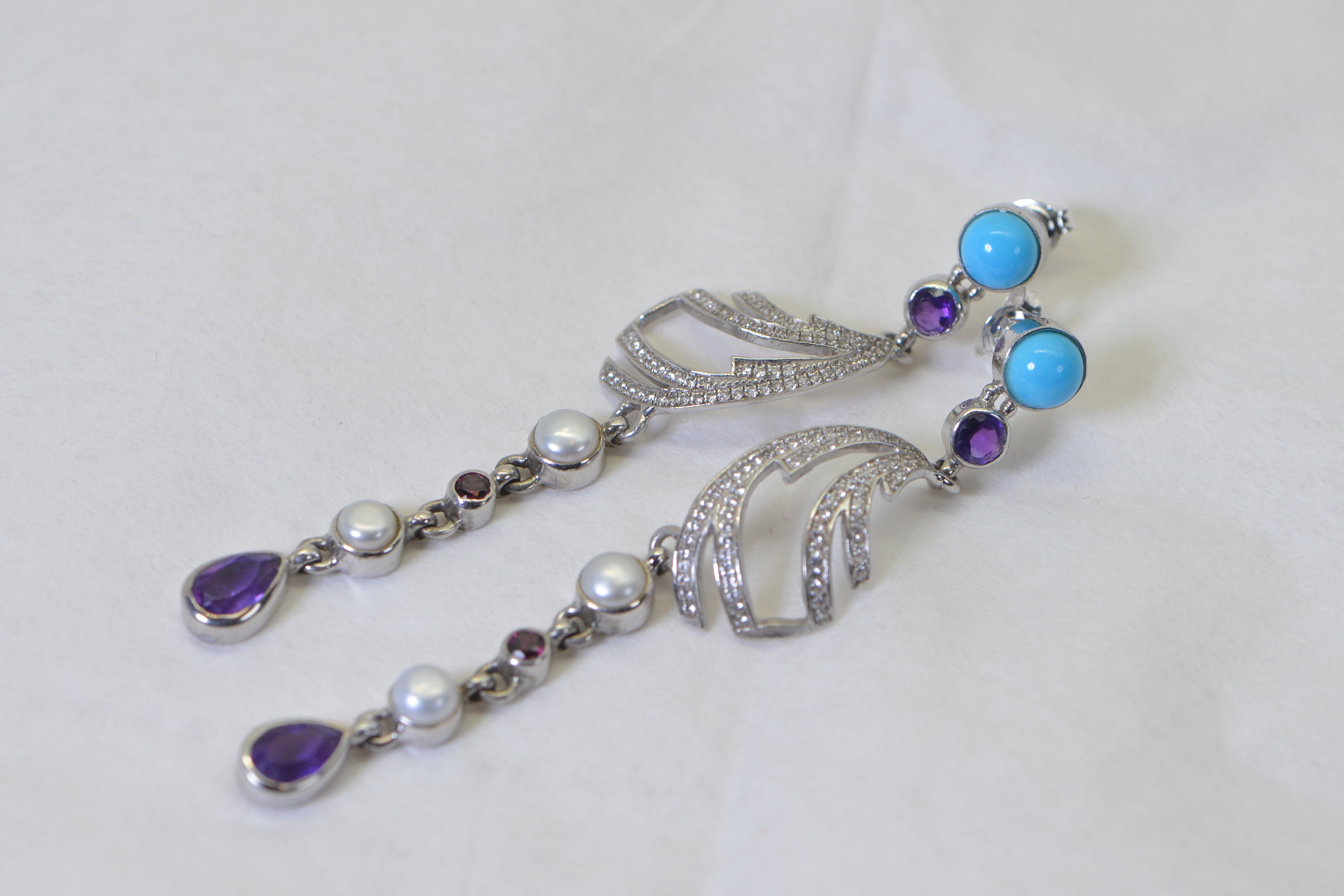 Turquoise Pearl Amethyst Earrings, Long Dangle Statement Earrings, Boho Multistone Cluster Earrings, Sterling Silver Artisan Jewelry Gift for Her