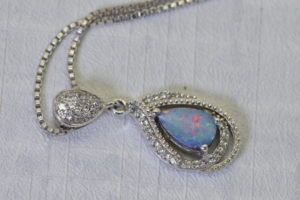 Australian Black Opal Doublet Pendant, Diamond Accent Necklace, 14K White Gold Over 925 Sterling Silver, Opal Jewelry Gift for Women