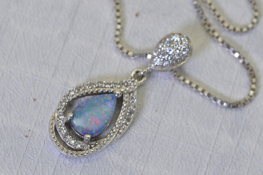 Australian Black Opal Doublet Pendant, Diamond Accent Necklace, 14K White Gold Over 925 Sterling Silver, Opal Jewelry Gift for Women