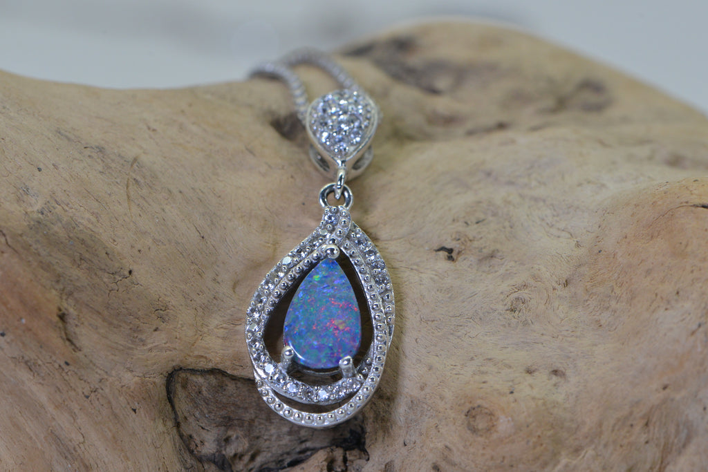 Australian Black Opal Doublet Pendant, Diamond Accent Necklace, 14K White Gold Over 925 Sterling Silver, Opal Jewelry Gift for Women