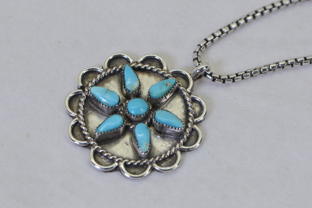 Vintage Turquoise Flower Pendant Necklace, Sterling Silver Turquoise Necklace, Southwestern Jewelry, Native American Style Pendant, Gift for Her