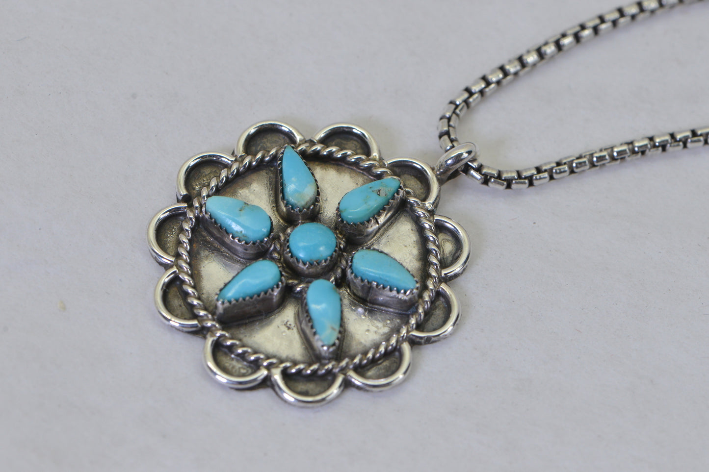 Vintage Turquoise Flower Pendant Necklace, Sterling Silver Turquoise Necklace, Southwestern Jewelry, Native American Style Pendant, Gift for Her