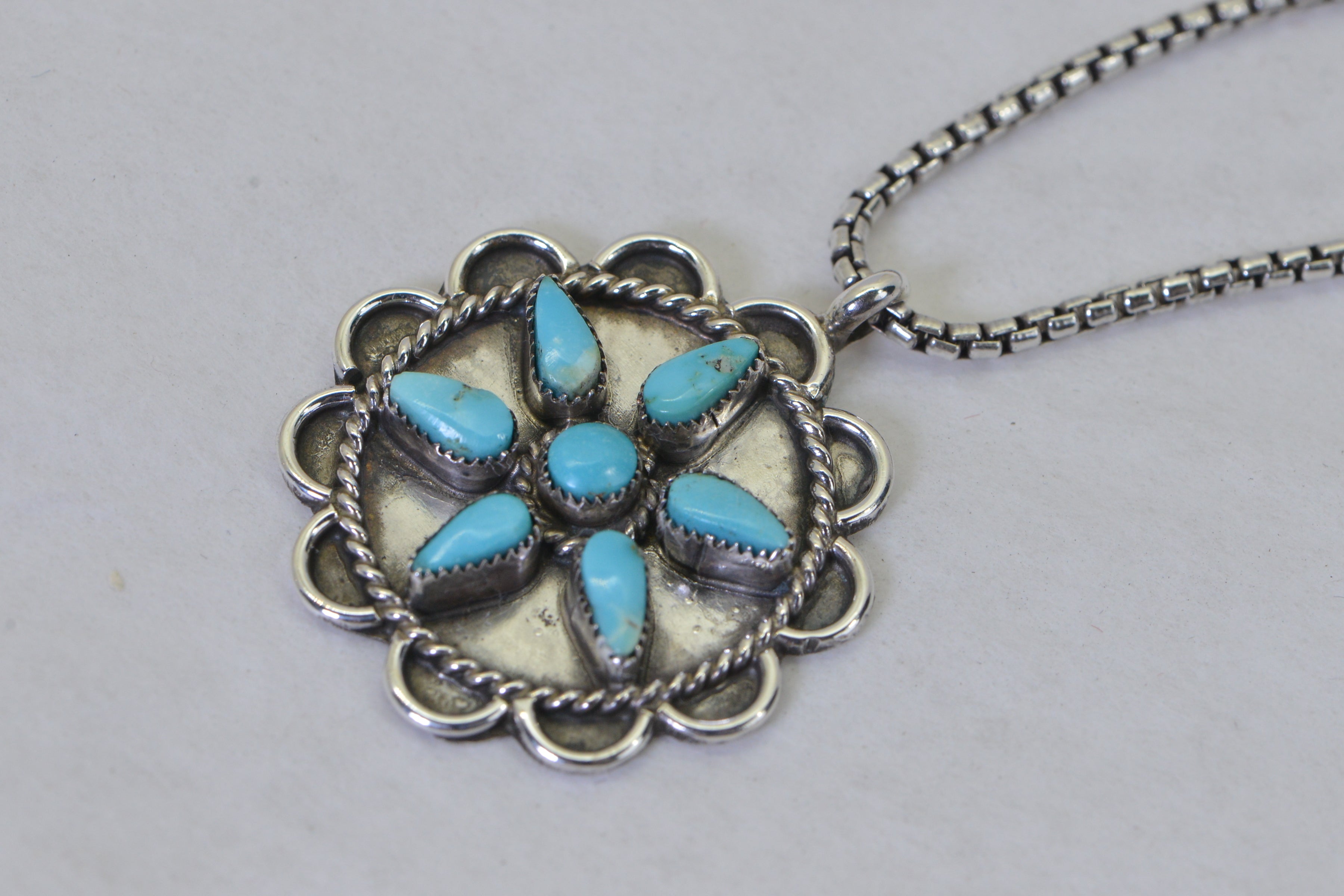 Vintage Turquoise Flower Pendant Necklace, Sterling Silver Turquoise Necklace, Southwestern Jewelry, Native American Style Pendant, Gift for Her