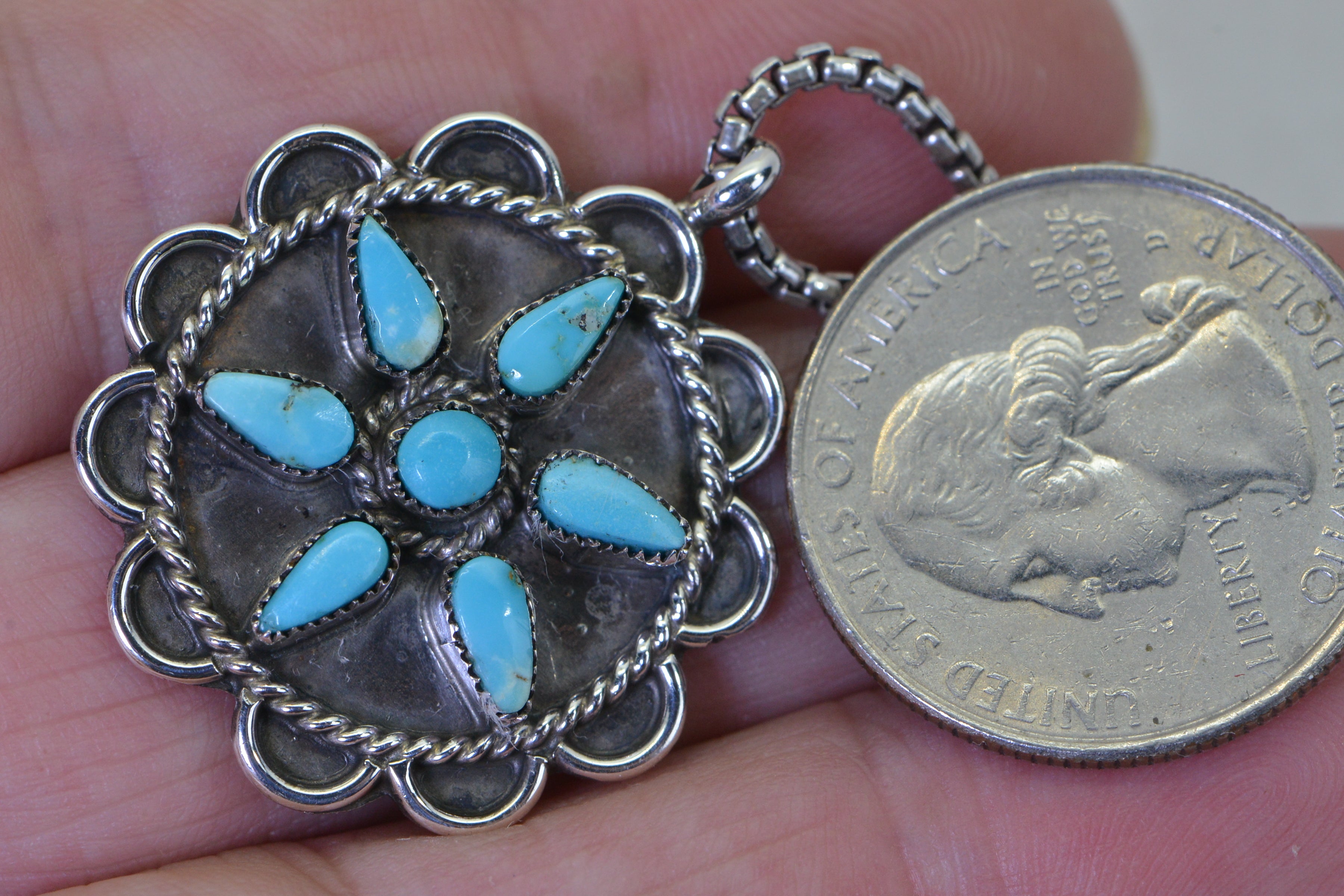 Vintage Turquoise Flower Pendant Necklace, Sterling Silver Turquoise Necklace, Southwestern Jewelry, Native American Style Pendant, Gift for Her