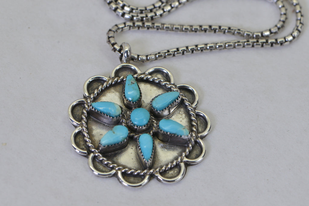 Vintage Turquoise Flower Pendant Necklace, Sterling Silver Turquoise Necklace, Southwestern Jewelry, Native American Style Pendant, Gift for Her