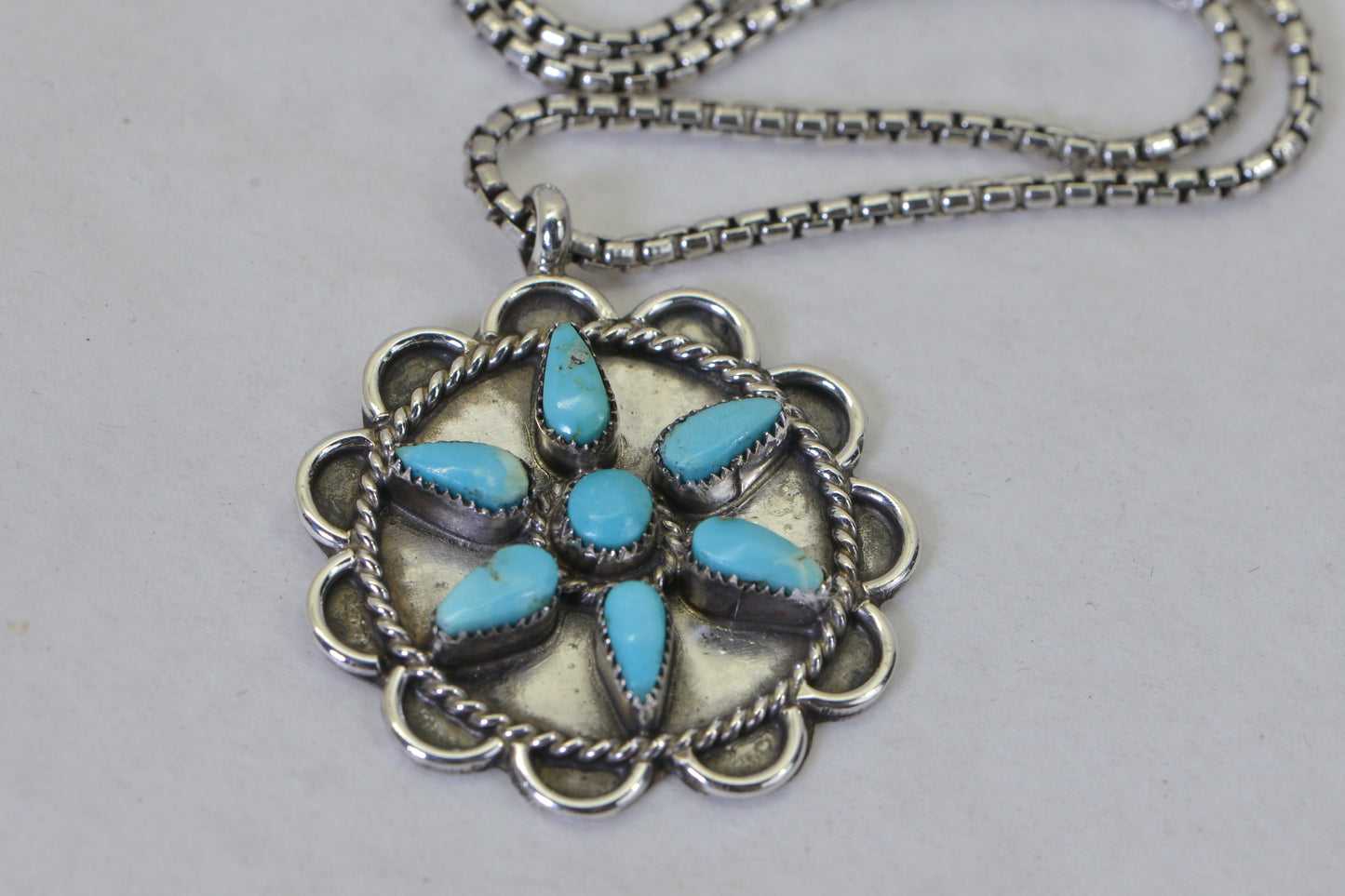 Vintage Turquoise Flower Pendant Necklace, Sterling Silver Turquoise Necklace, Southwestern Jewelry, Native American Style Pendant, Gift for Her