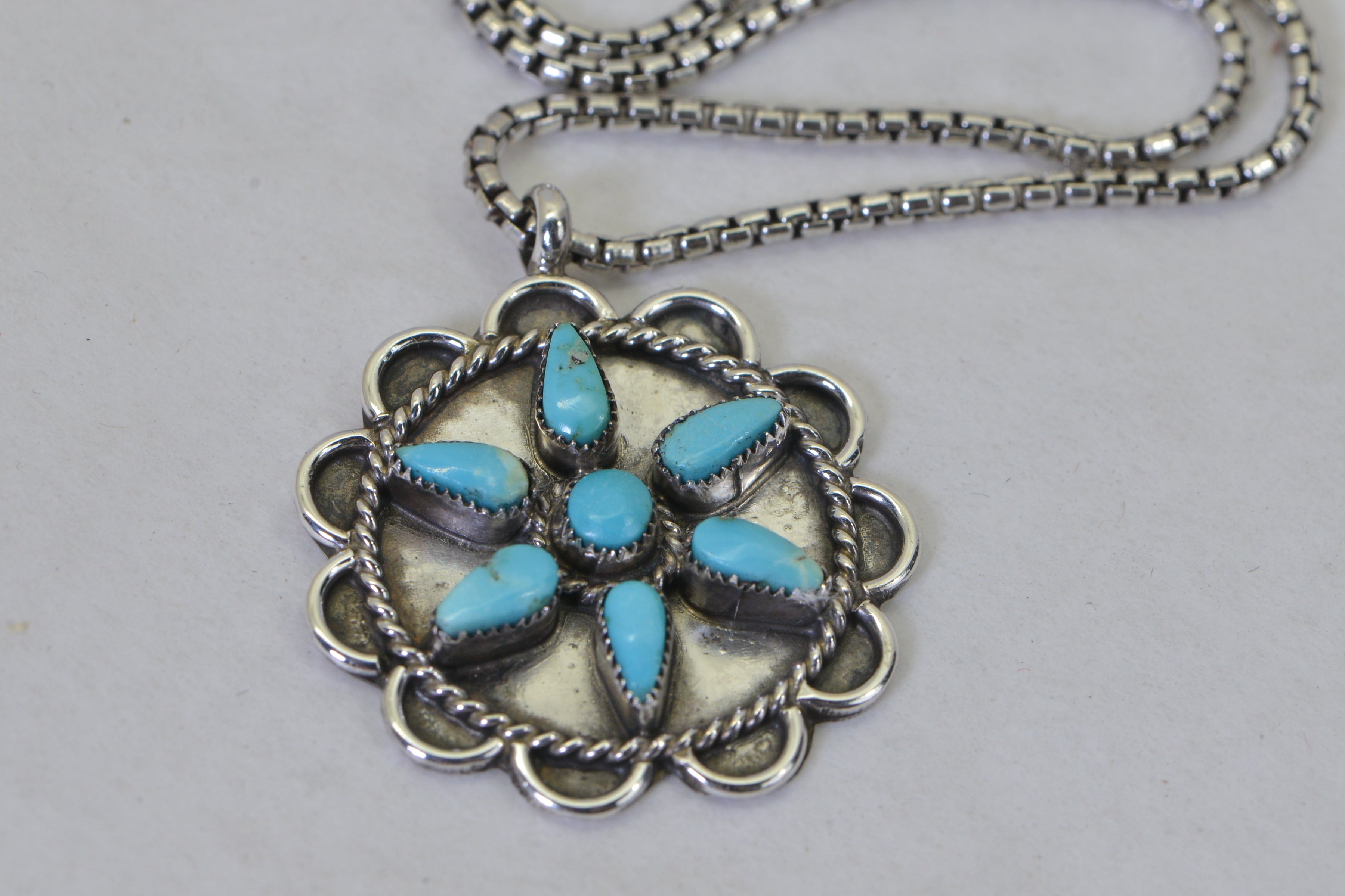 Vintage Turquoise Flower Pendant Necklace, Sterling Silver Turquoise Necklace, Southwestern Jewelry, Native American Style Pendant, Gift for Her