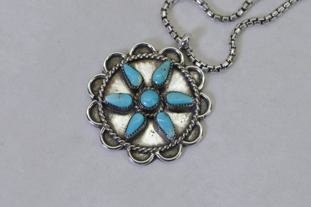 Vintage Turquoise Flower Pendant Necklace, Sterling Silver Turquoise Necklace, Southwestern Jewelry, Native American Style Pendant, Gift for Her