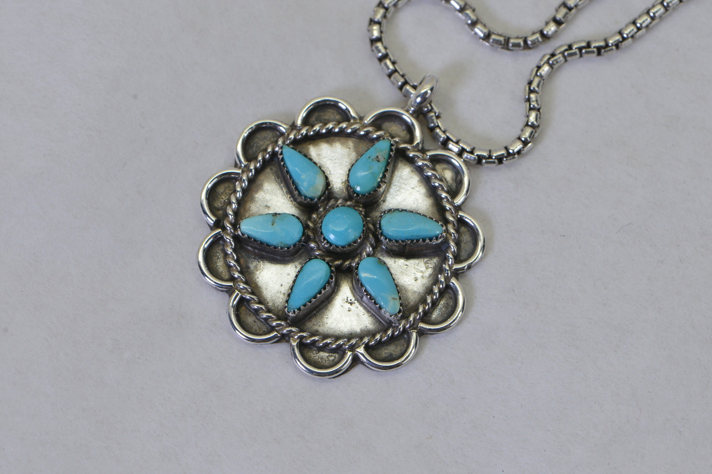 Vintage Turquoise Flower Pendant Necklace, Sterling Silver Turquoise Necklace, Southwestern Jewelry, Native American Style Pendant, Gift for Her