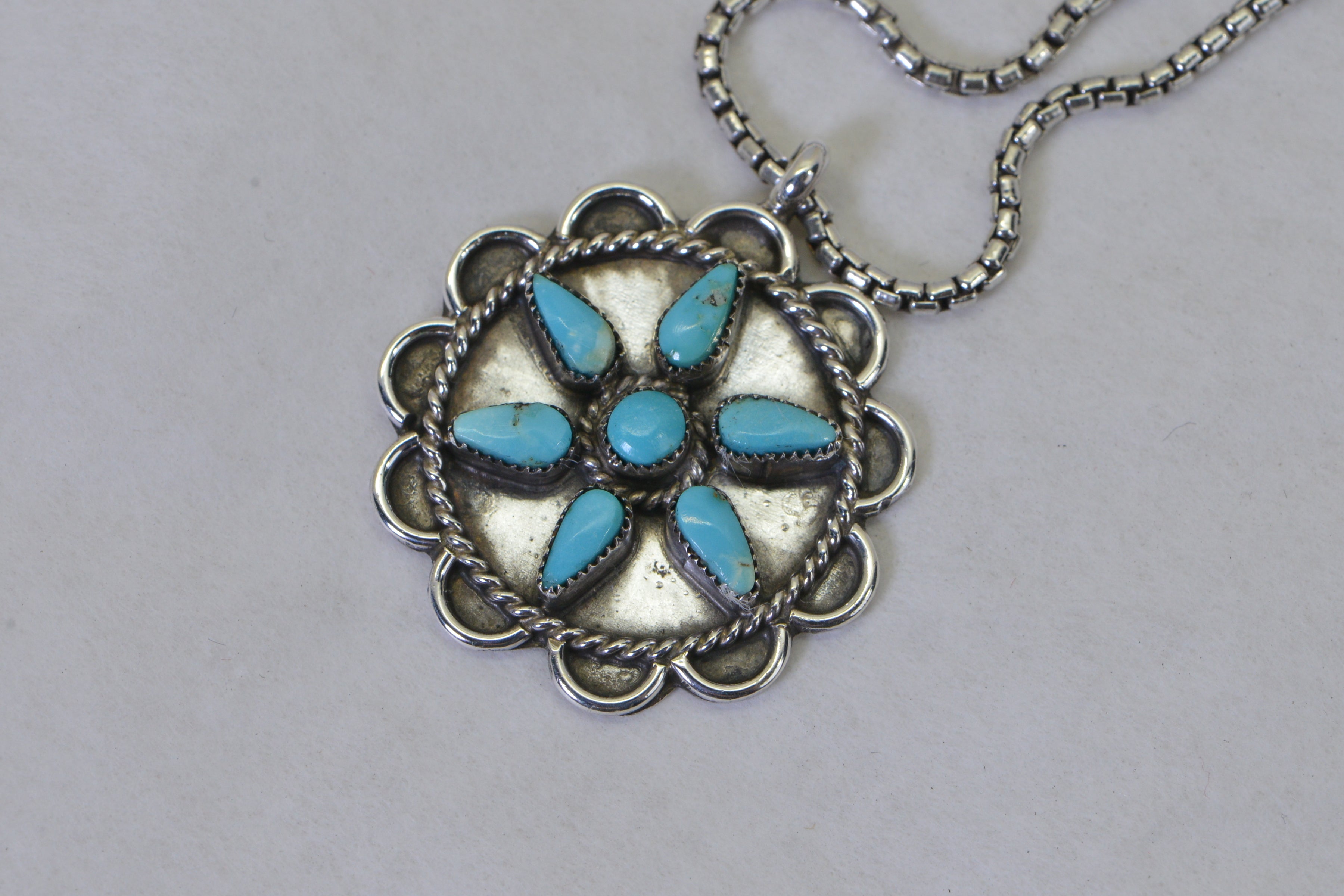 Vintage Turquoise Flower Pendant Necklace, Sterling Silver Turquoise Necklace, Southwestern Jewelry, Native American Style Pendant, Gift for Her