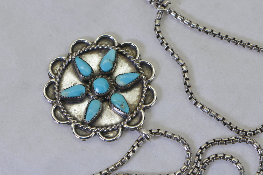 Vintage Turquoise Flower Pendant Necklace, Sterling Silver Turquoise Necklace, Southwestern Jewelry, Native American Style Pendant, Gift for Her
