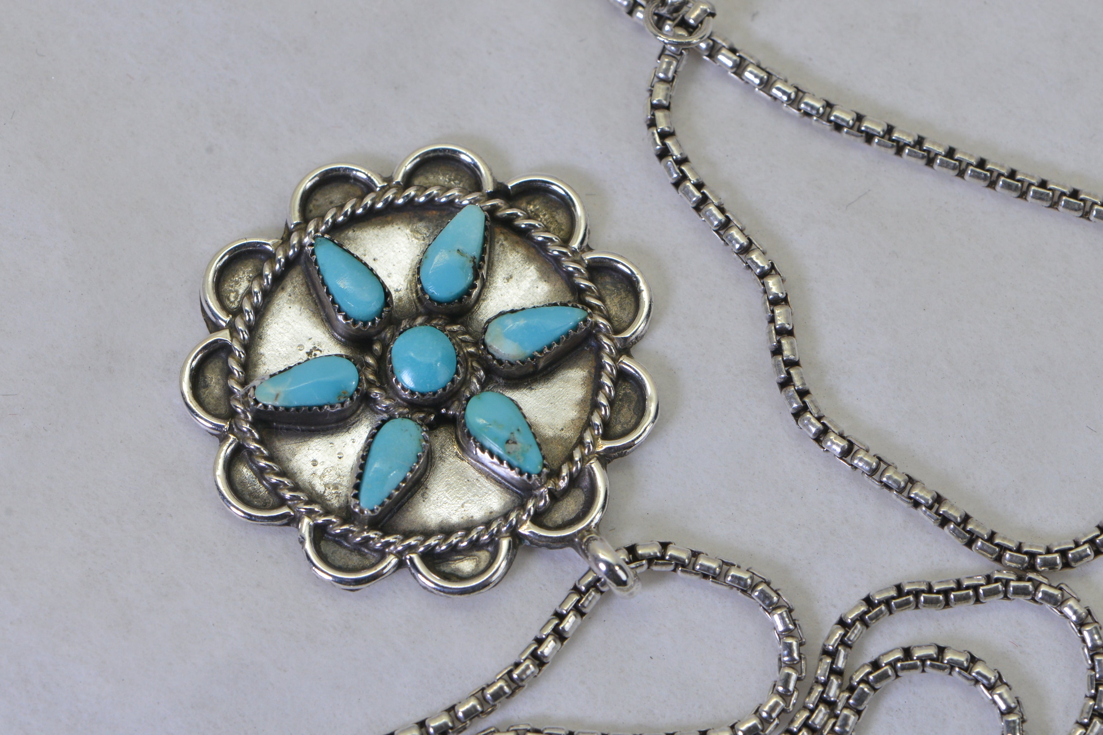 Vintage Turquoise Flower Pendant Necklace, Sterling Silver Turquoise Necklace, Southwestern Jewelry, Native American Style Pendant, Gift for Her