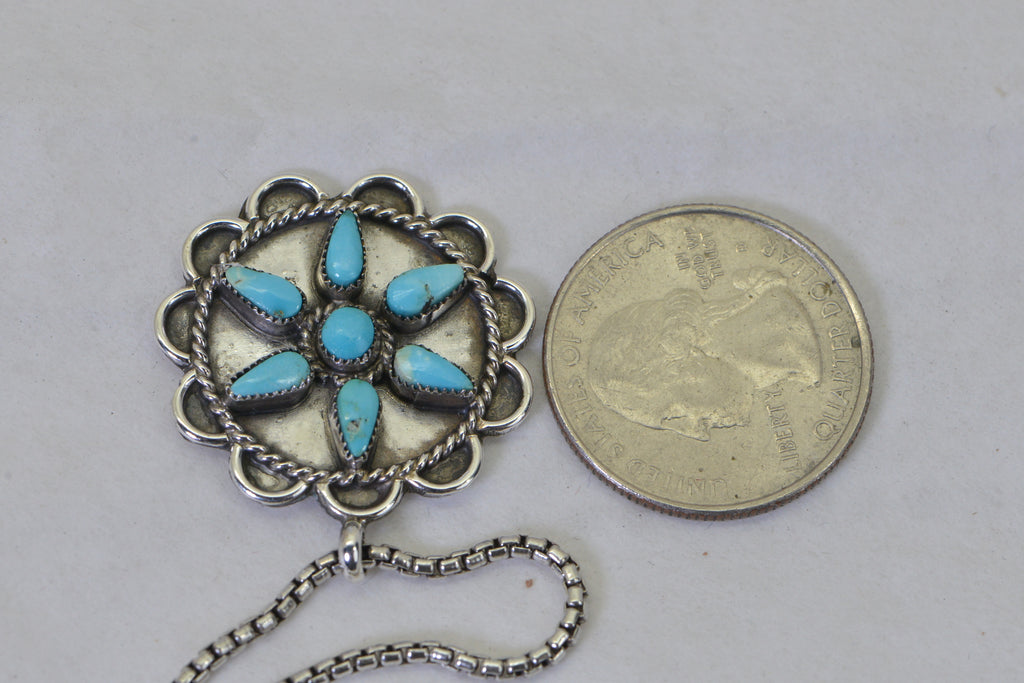 Vintage Turquoise Flower Pendant Necklace, Sterling Silver Turquoise Necklace, Southwestern Jewelry, Native American Style Pendant, Gift for Her