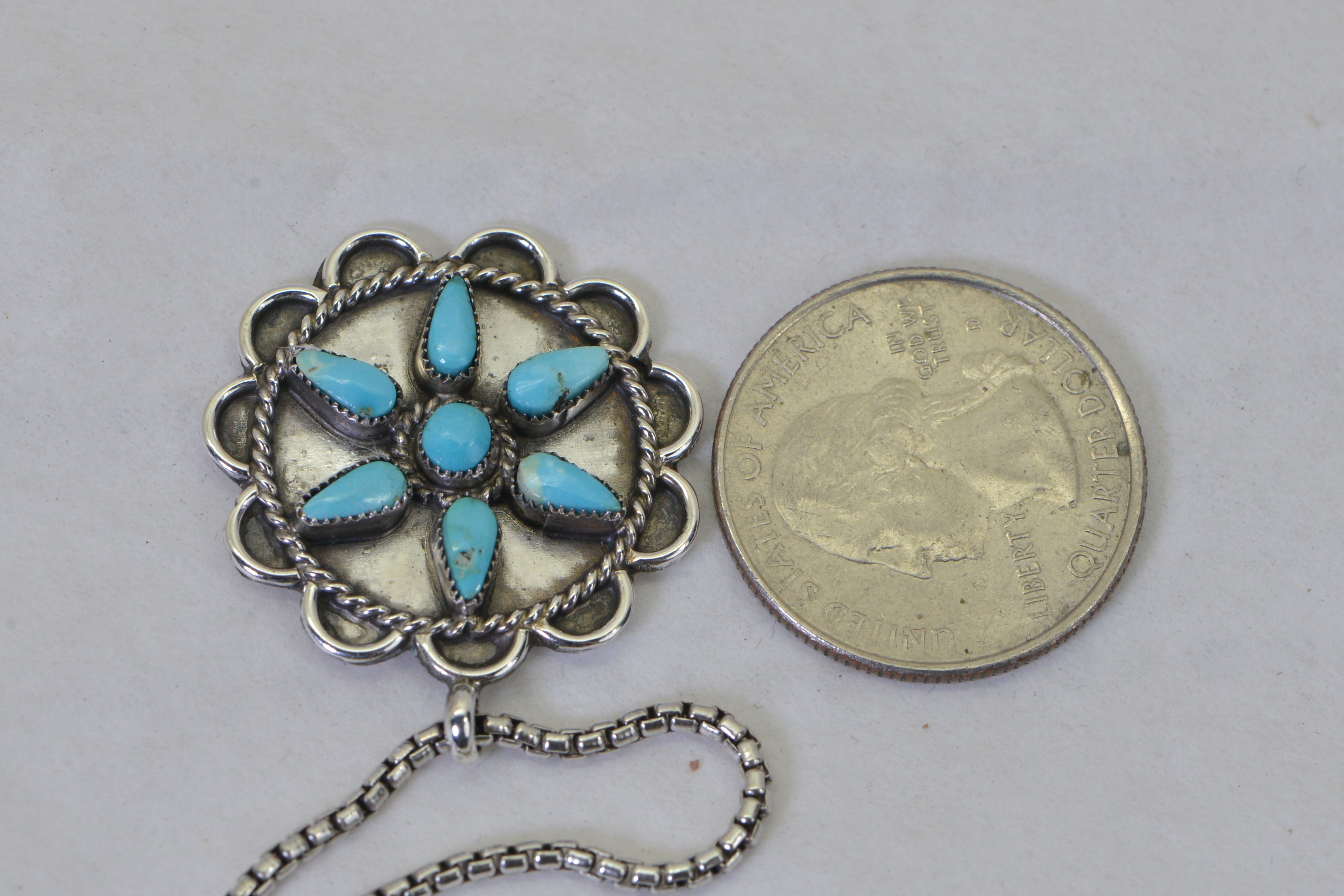 Vintage Turquoise Flower Pendant Necklace, Sterling Silver Turquoise Necklace, Southwestern Jewelry, Native American Style Pendant, Gift for Her