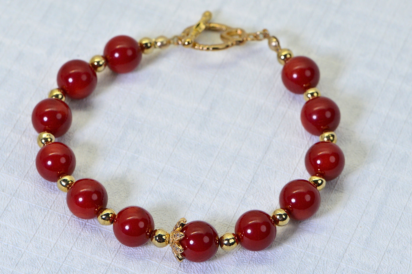 Natural Red Coral Bracelet, Genuine Coral Jewelry, Gold Beaded Bracelet Toggle Clasp Bracelet, Handmade Gift for Women