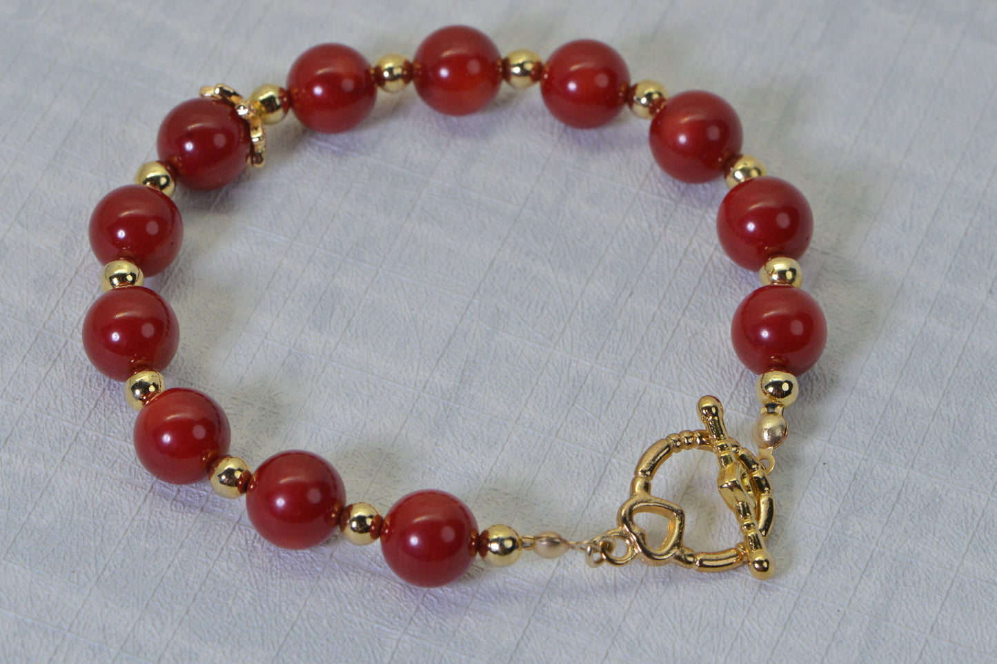 Natural Red Coral Bracelet, Genuine Coral Jewelry, Gold Beaded Bracelet Toggle Clasp Bracelet, Handmade Gift for Women